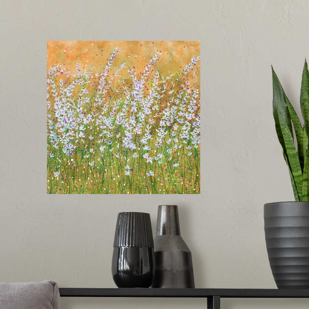 A modern room featuring Contemporary painting of white and purple wildflowers with green leafy stems and an orange backgr...