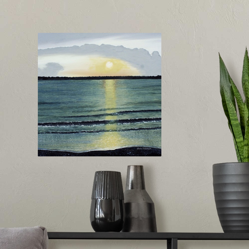 A modern room featuring Landscape painting of a sunset over the ocean at Hilton Head on a square background.