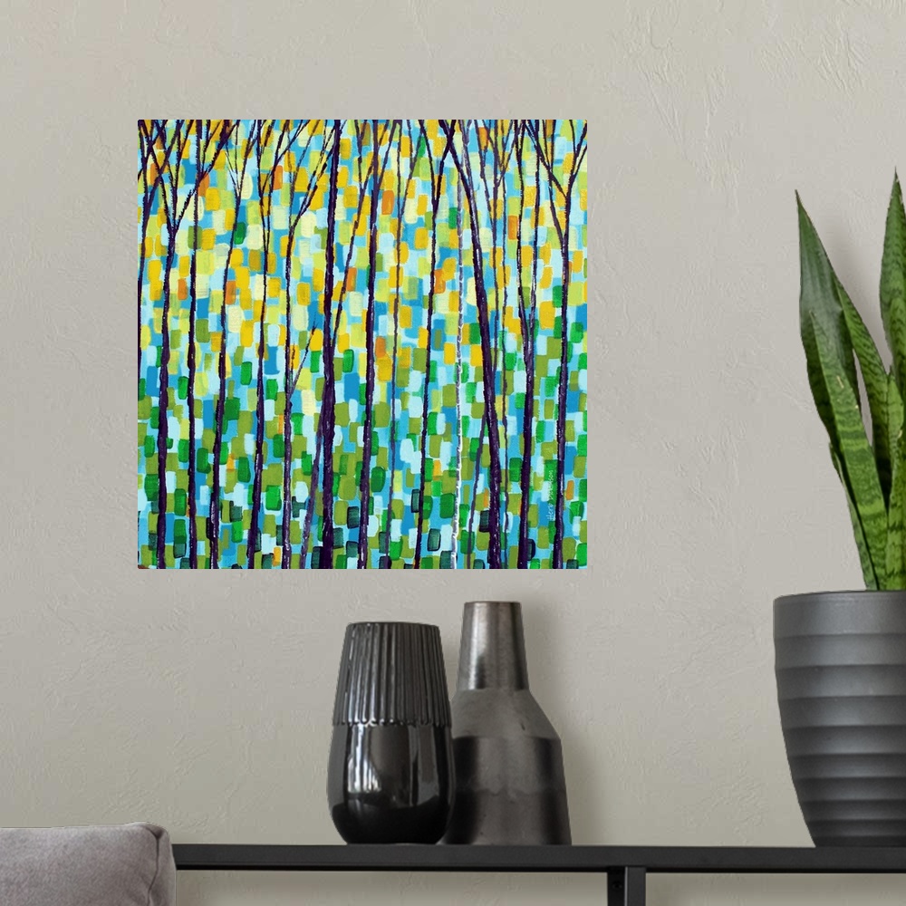 A modern room featuring Square painting of an abstract forest landscape with tall, thin, bare trees and short brushstroke...