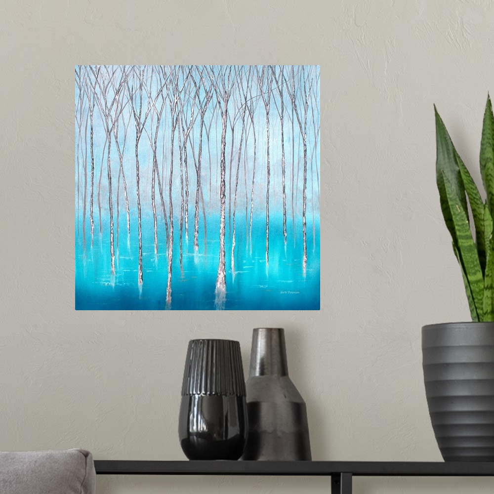 A modern room featuring Bare Winter trees in beautiful blue waters on a square background.