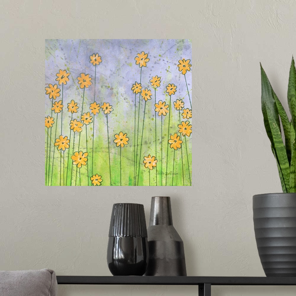 A modern room featuring Painting of whimsical yellow flowers with long green stems on a square background.