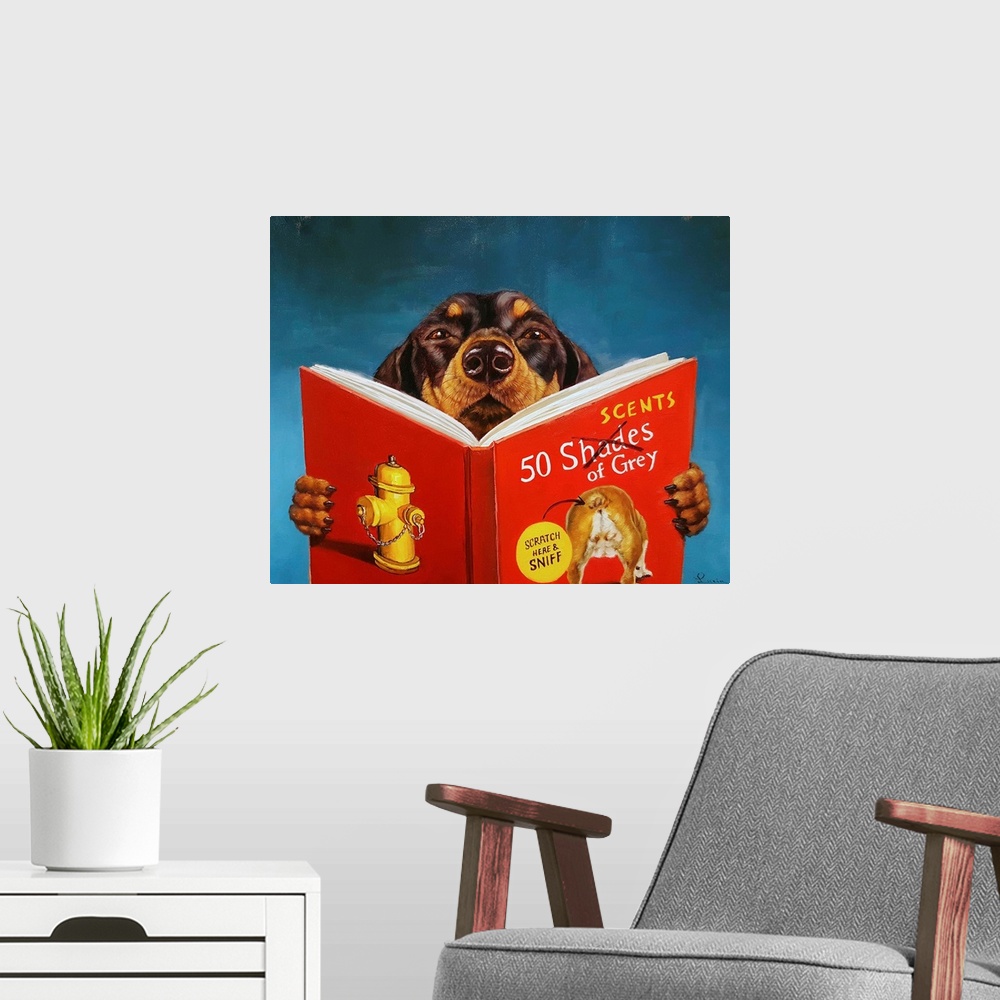 A modern room featuring A painting of a dog reading "50 Scents of Grey".