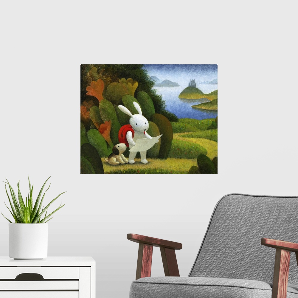 A modern room featuring Humorous painting of a rabbit on an adventure with his pet dog.