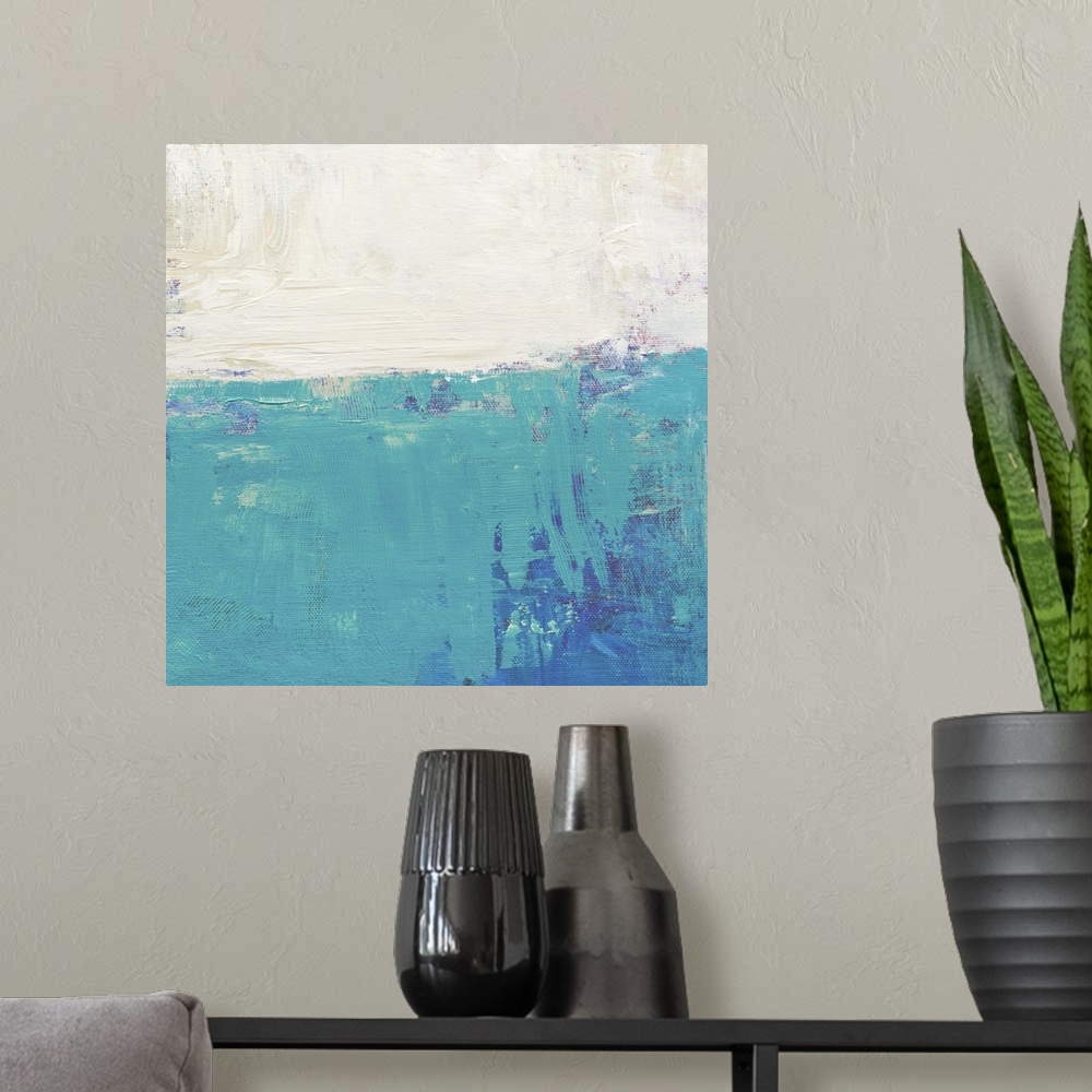 A modern room featuring Contemporary abstract colorfield painting using aqua and white in a distressed style.