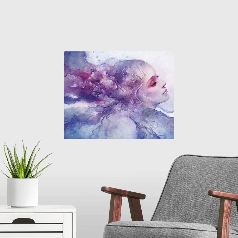 A modern room featuring A contemporary fantastical painting of a woman's face in profile with pink and purple free flowin...
