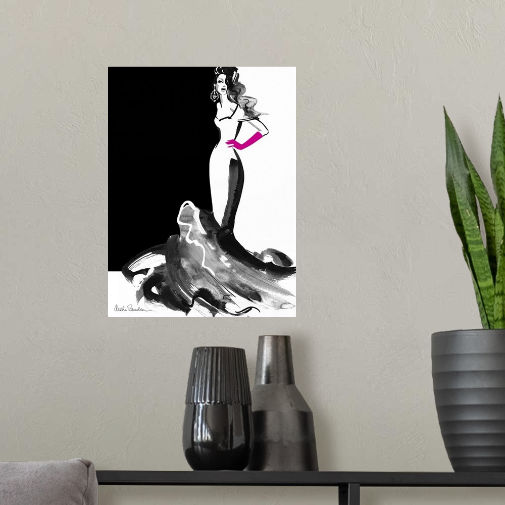 A modern room featuring Contemporary fashion artwork of a woman wearing a long dress and long pink gloves.