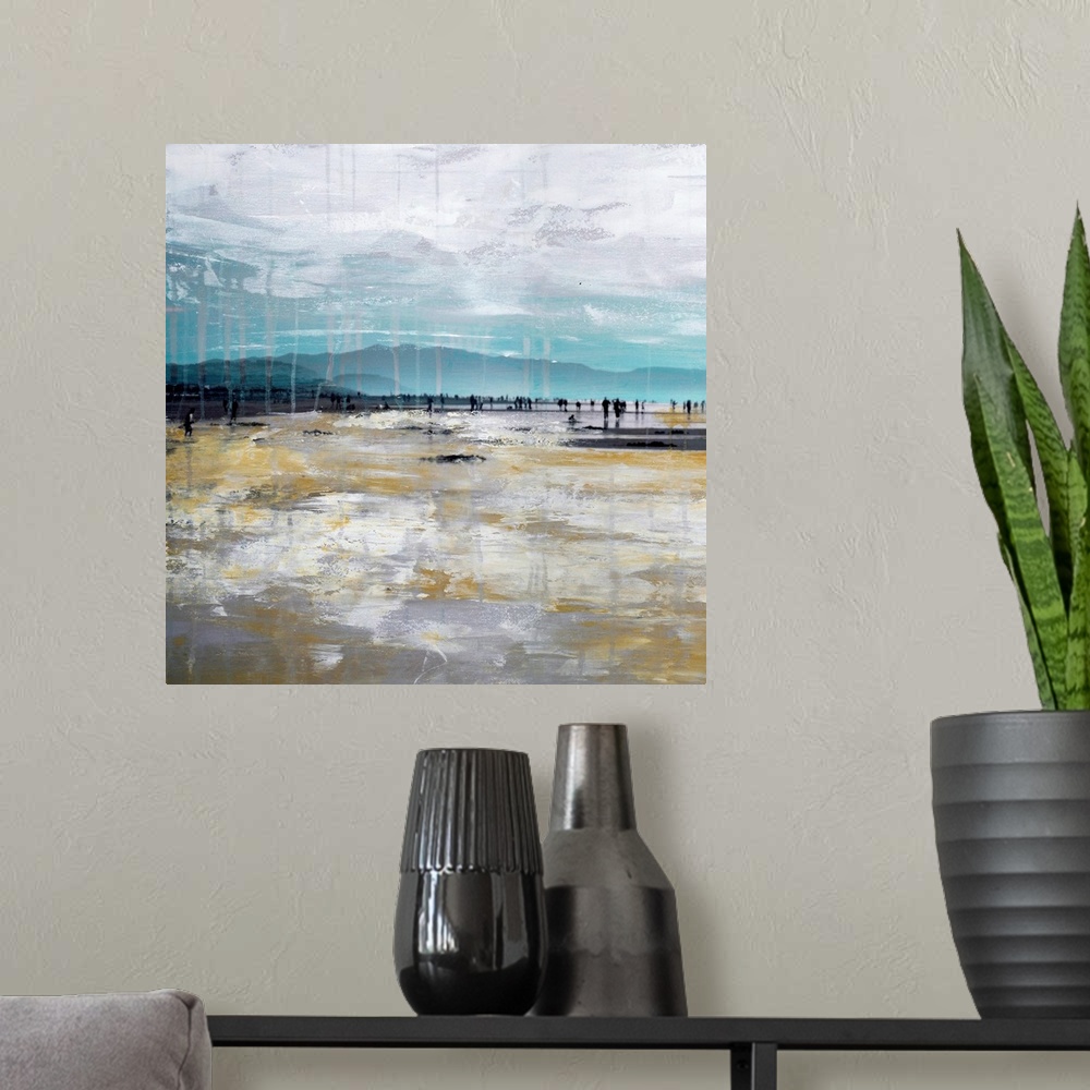 A modern room featuring Square mixed media artwork of people walking along a beach.