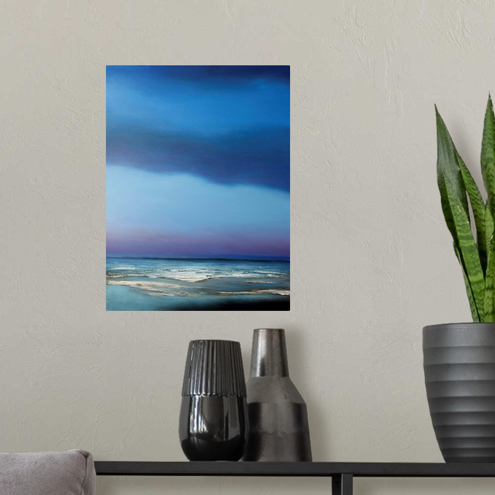 A modern room featuring Abstract beachscape at night painted in bright blue hues.