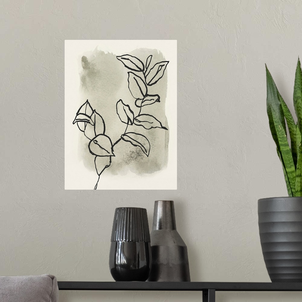 A modern room featuring A minimalist illustration of a branch of leaves on a neutral watercolor wash background