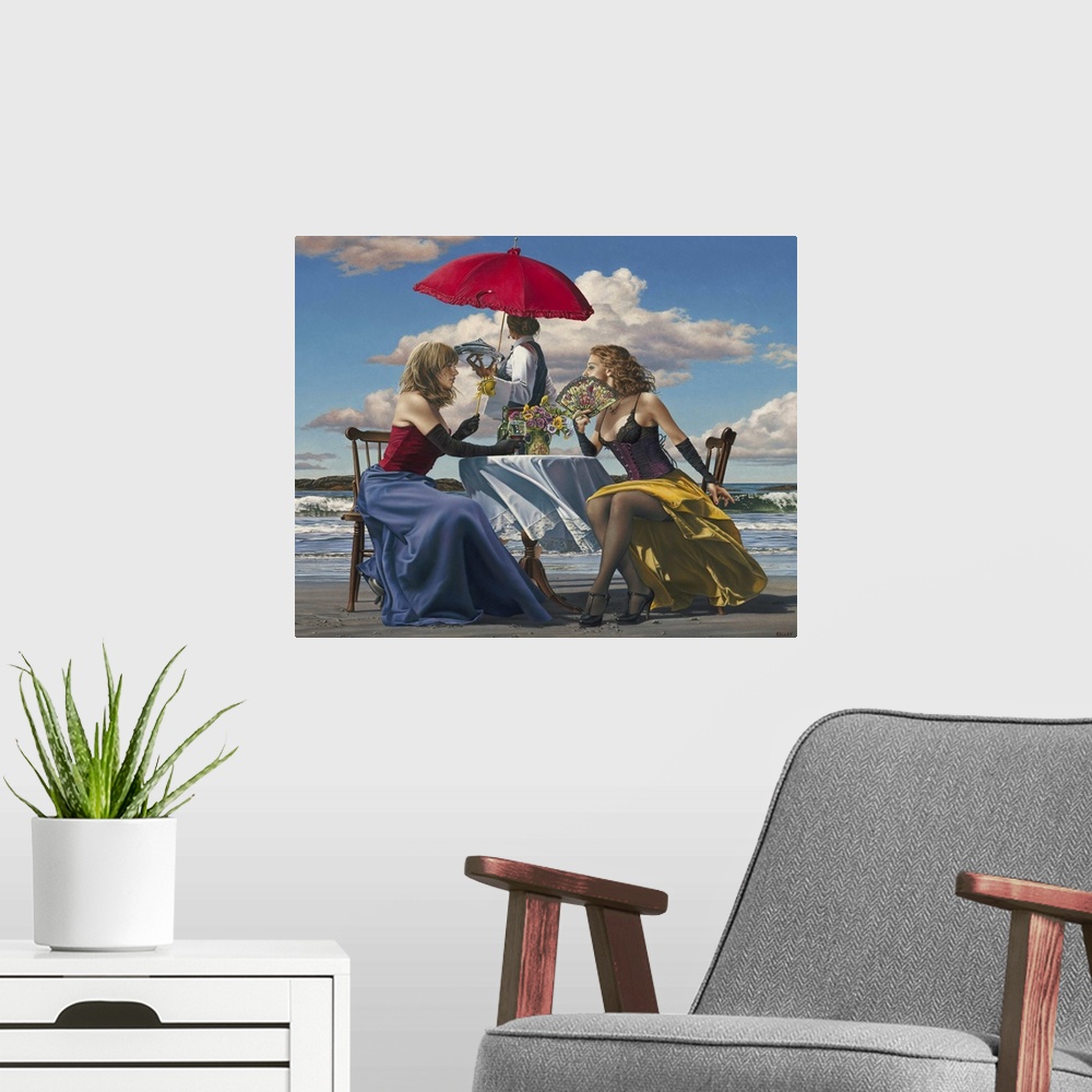 A modern room featuring Contemporary painting of two women wearing lingerie sitting at a table on the beach. With another...