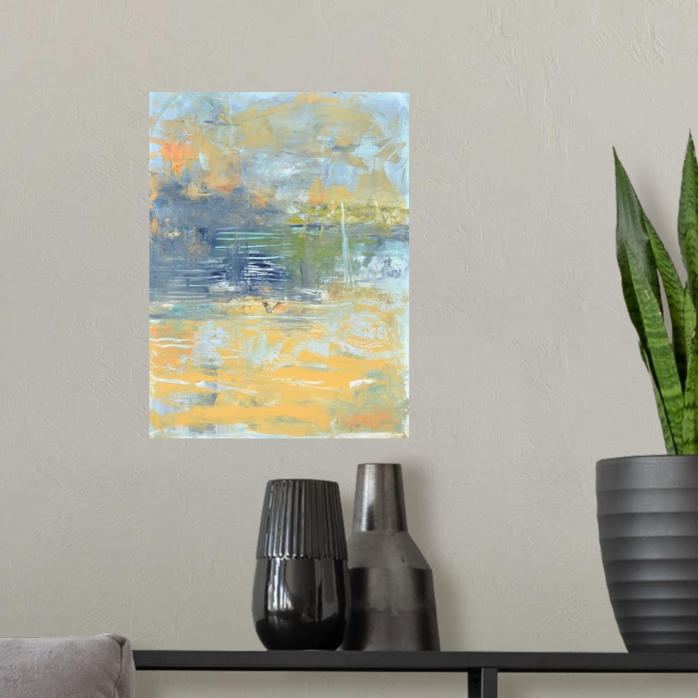 A modern room featuring Abstract painting of the Chesapeake Bay in muted yellow, navy, and powder blue.