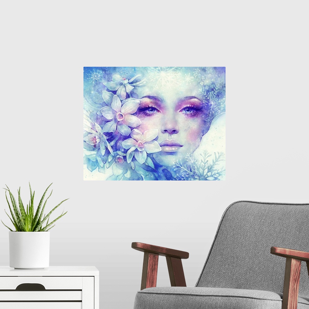 A modern room featuring A contemporary painting of a portrait of a woman with flowers around her face and soft pink eye m...