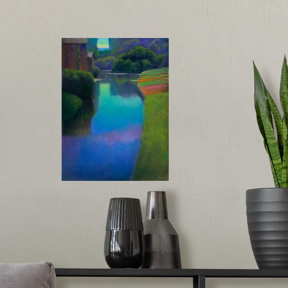 A modern room featuring A contemporary painting of a river flowing through a countryside.