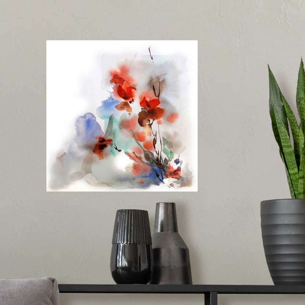 A modern room featuring A contemporary watercolor painting of flowers against a white background.