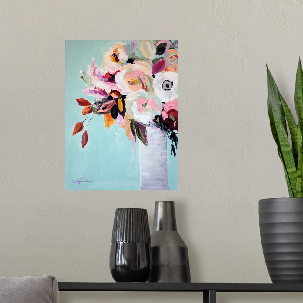 A modern room featuring A contemporary painting of a vase of flowers in pastel colors.