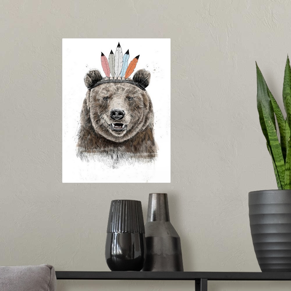 A modern room featuring Digital illustration of a bear wearing a feathered headdress.