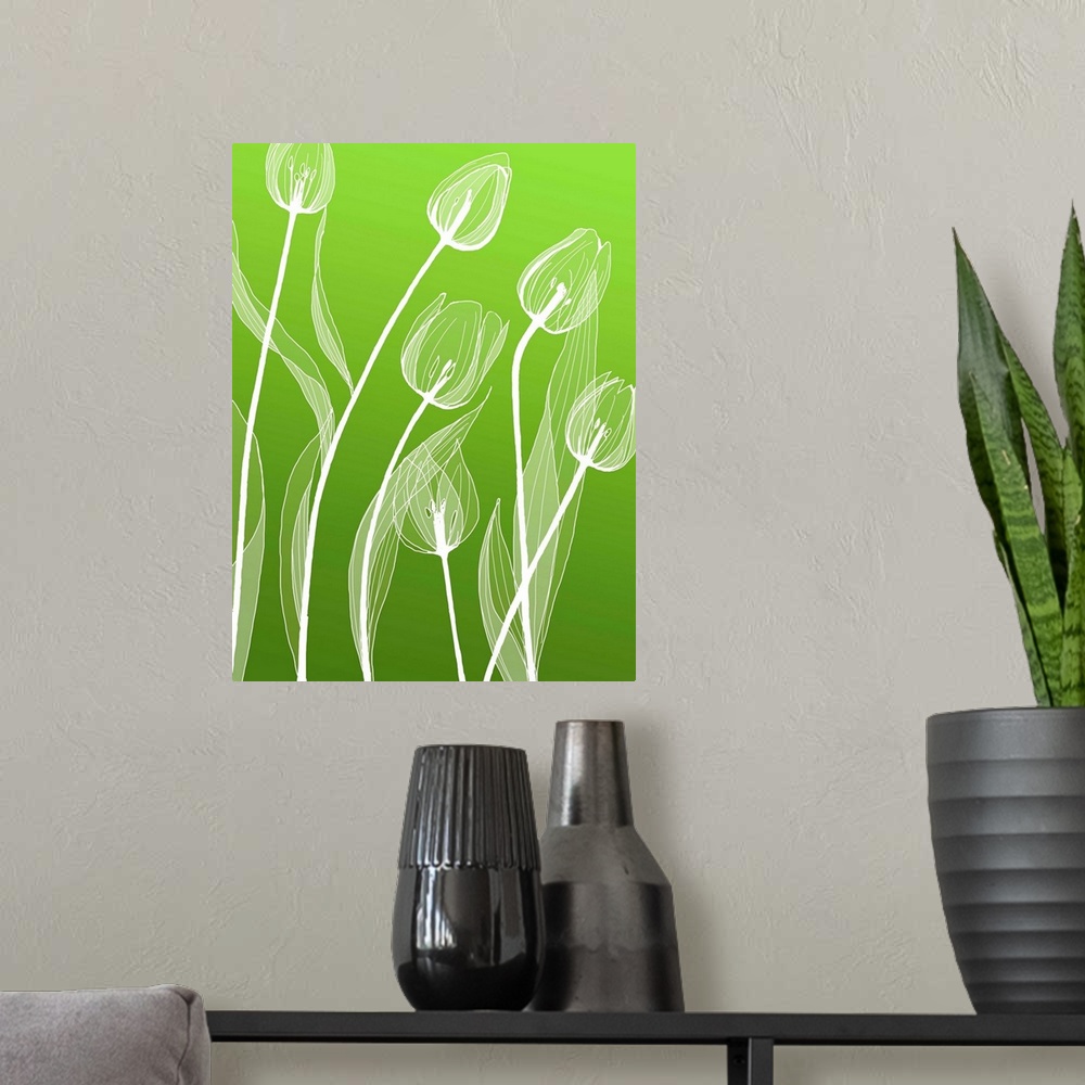 A modern room featuring A digital illustration of white flowers against a green background.