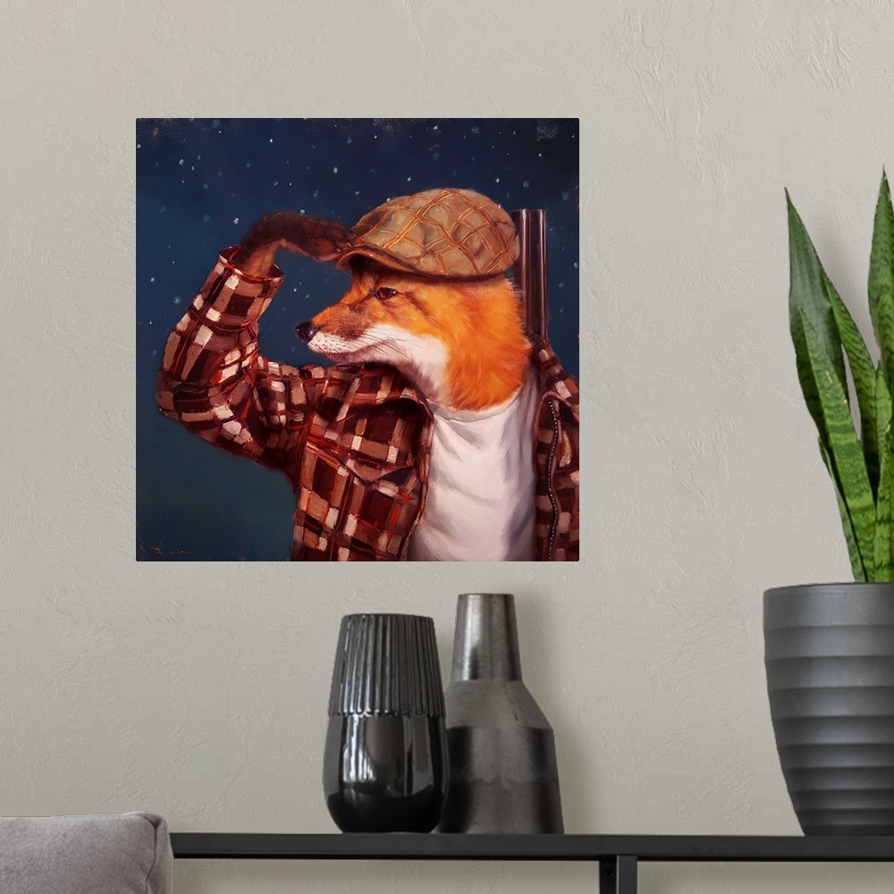 A modern room featuring A contemporary painting of a fox in a plaid outfit.