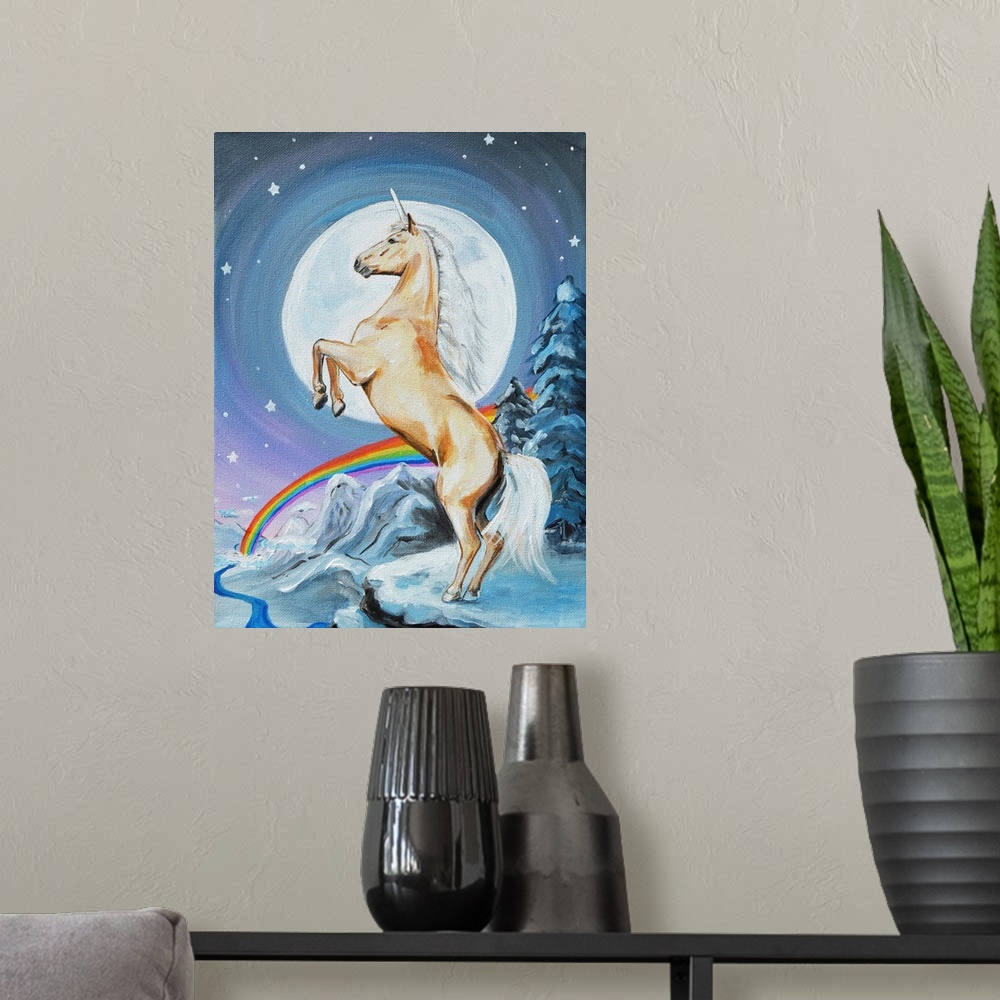 A modern room featuring Whimsical painting of a unicorn in a mountainous snowscape with a rainbow in the background.