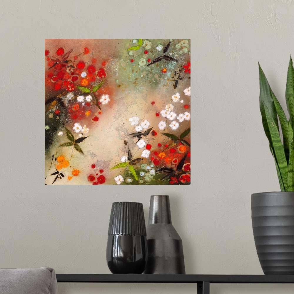 A modern room featuring Contemporary painting of vibrant red flowers mixed with bright white flowers.