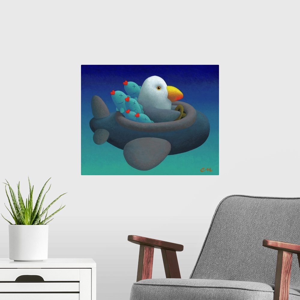 A modern room featuring Comical painting of a bird flying home after catching some fish.