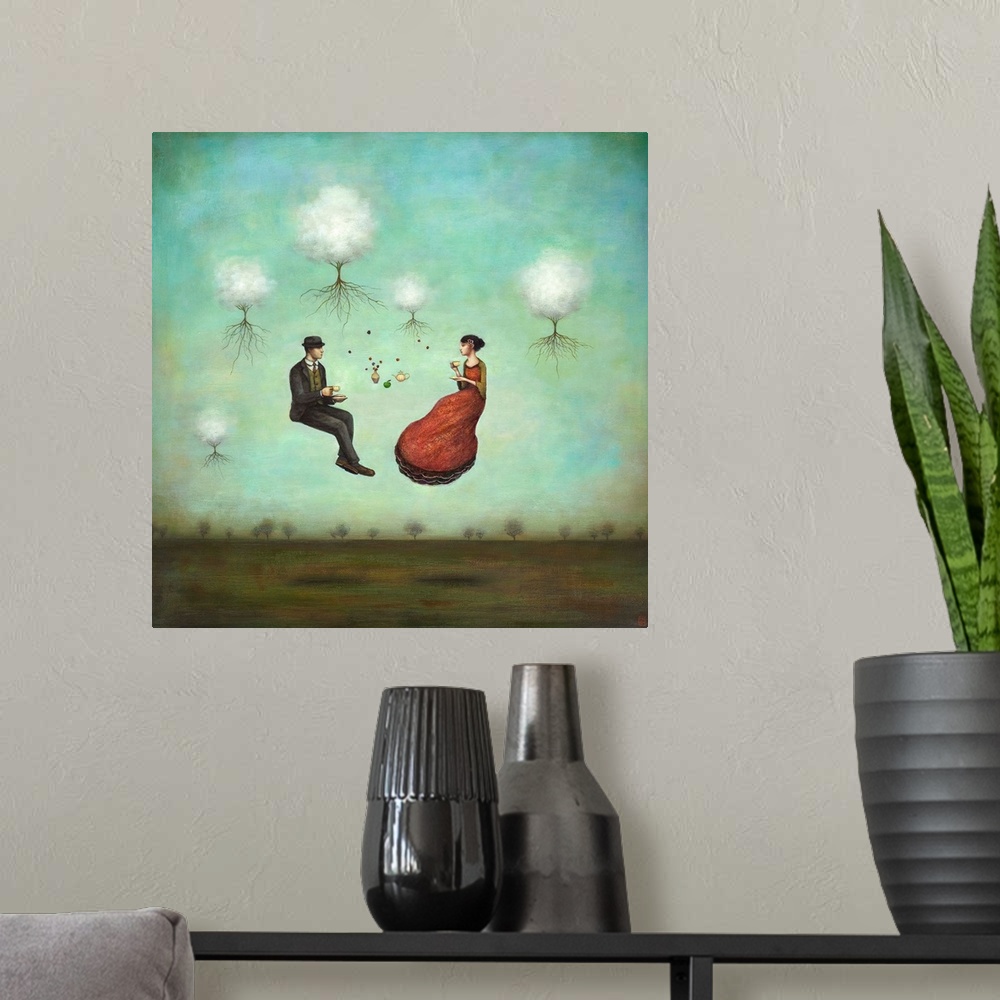 A modern room featuring Contemporary surreal artwork of a woman and man having tea while floating in the air.