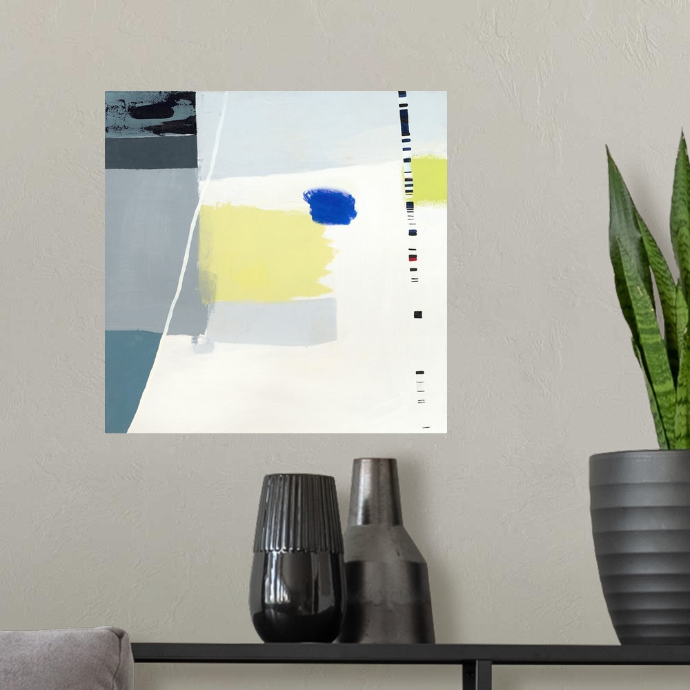 A modern room featuring Contemporary abstract painting using neutral colors and bright pop colors.