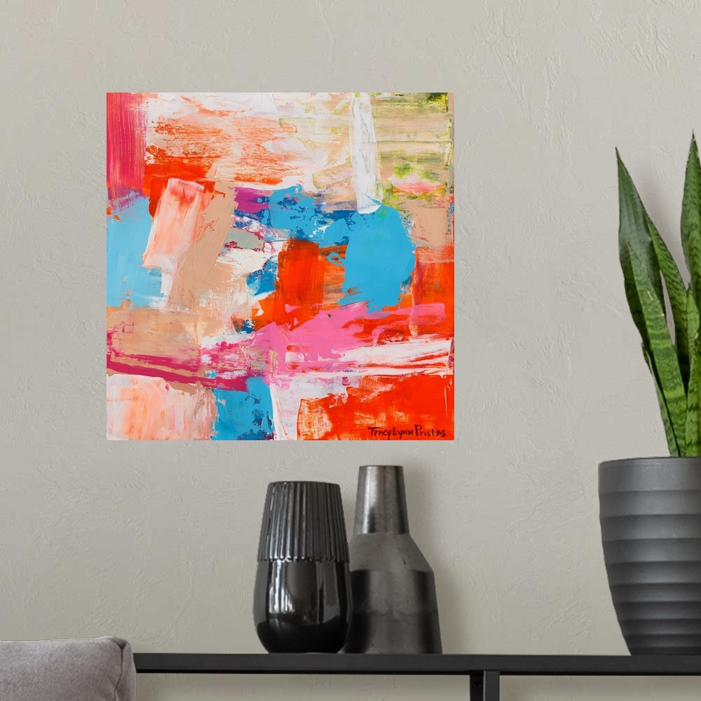 A modern room featuring A square abstract painting of textured bright colors.