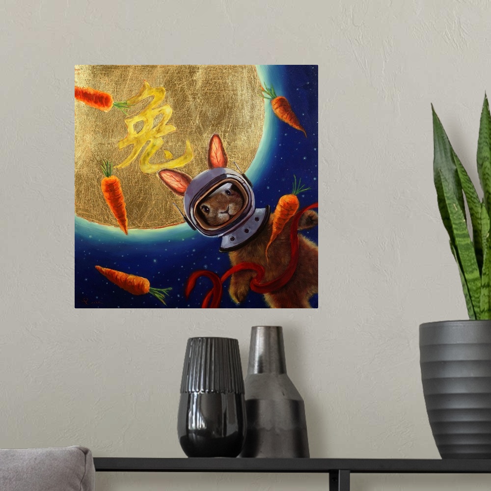 A modern room featuring A painting of a rabbit with an astronaut helmet floating in space with carrots.