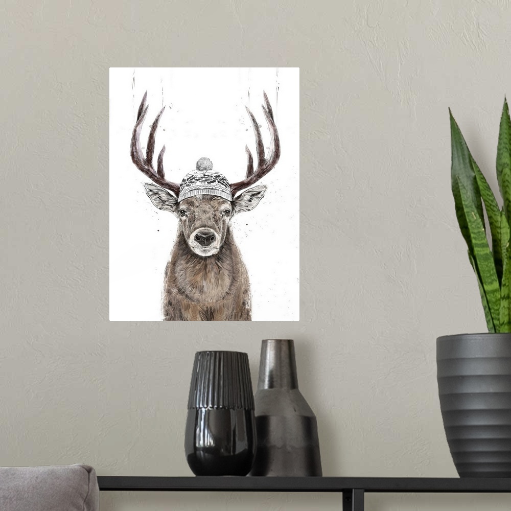A modern room featuring Portrait of a deer ready for winter in his hat.