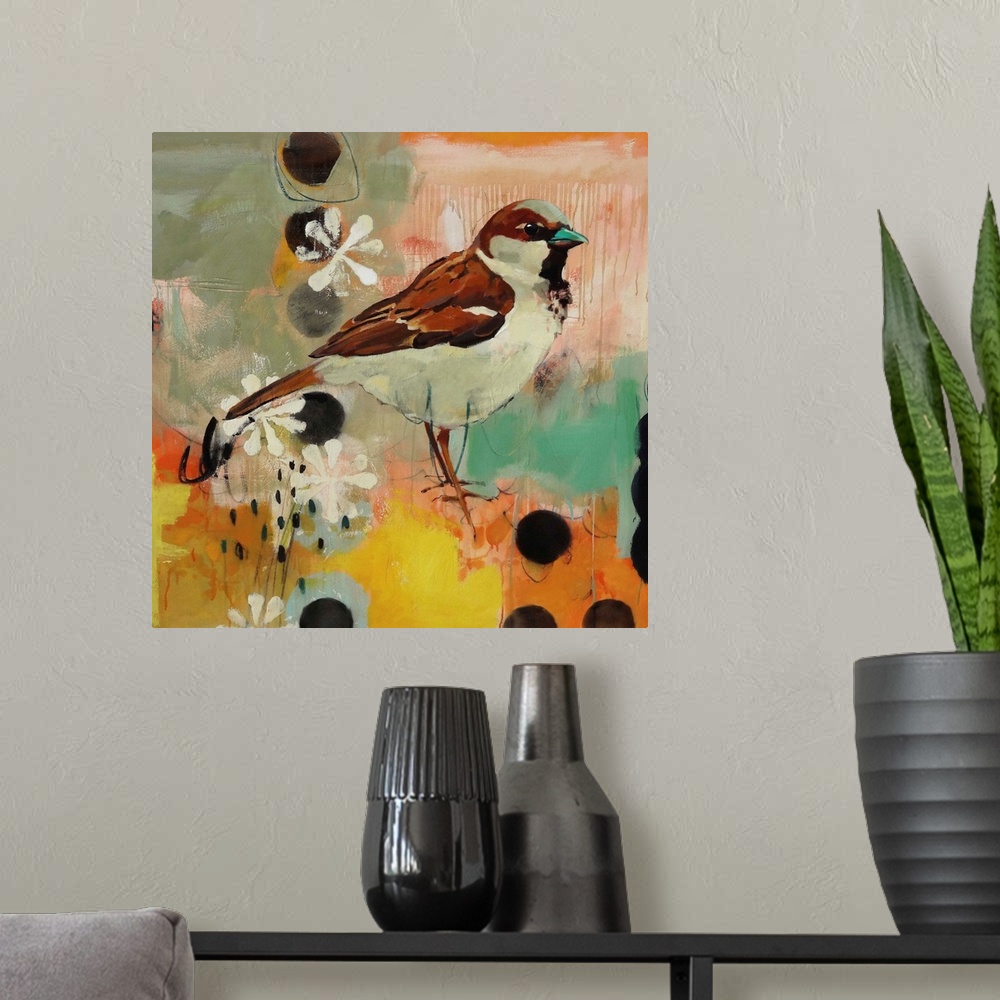 A modern room featuring A contemporary painting of a brown and tan bird against a colorful abstract background.