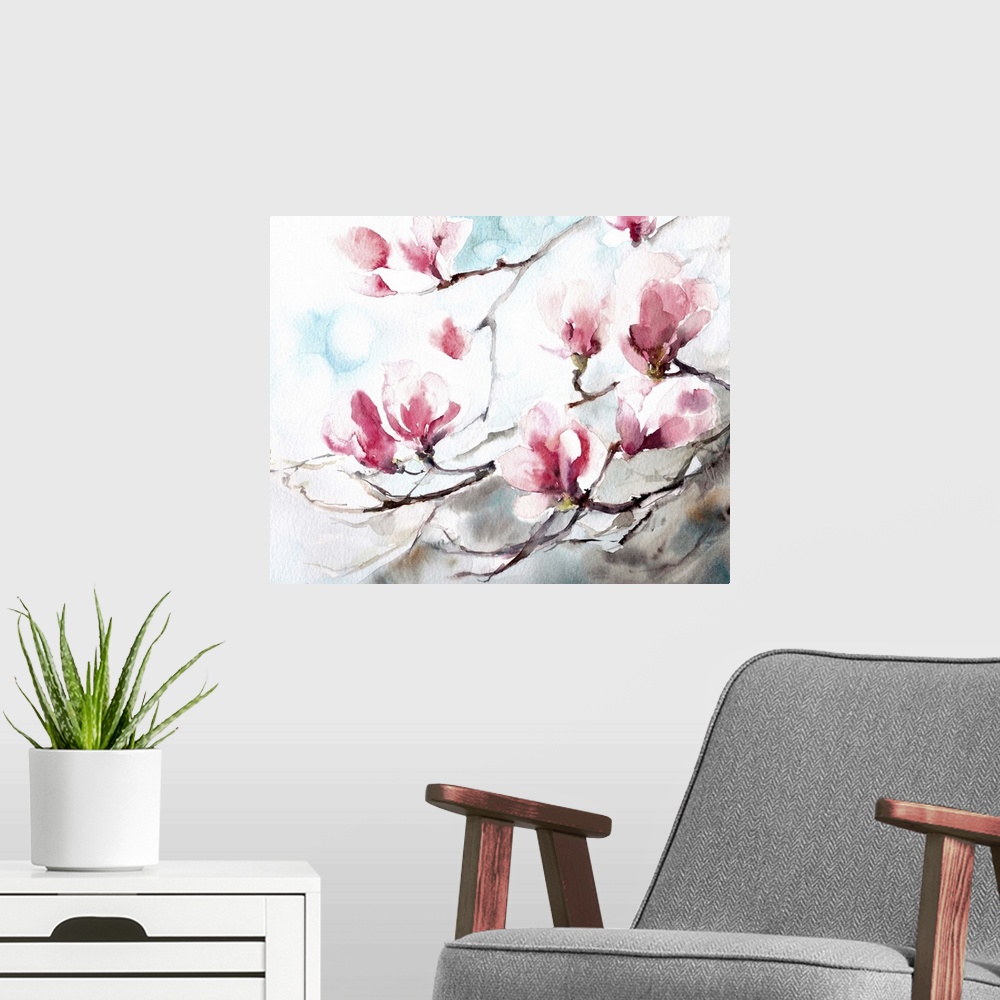 A modern room featuring A contemporary watercolor painting of magnolia flowers.
