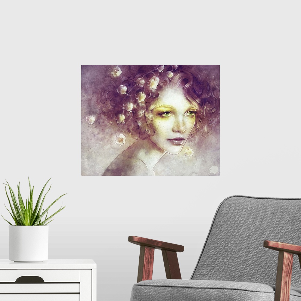 A modern room featuring A contemporary fantastical painting of a woman's portrait with flowers dangling from her hair and...