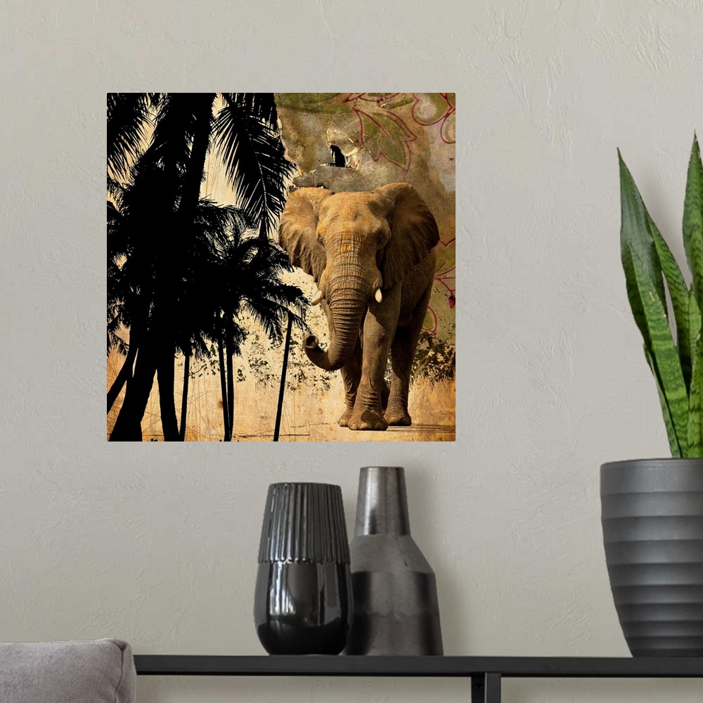 A modern room featuring A square mixed media image of an elephant and palm trees.
