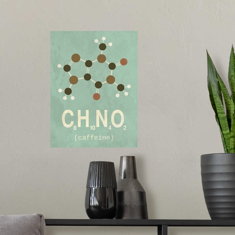 A modern room featuring Graphic illustration of the chemical formula for caffeine.