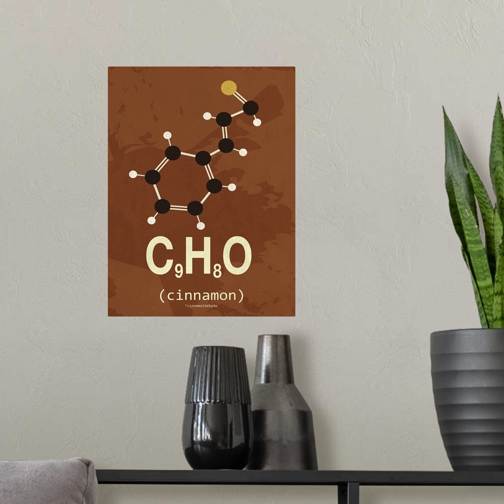 A modern room featuring Graphic illustration of the chemical formula for cinnamon.