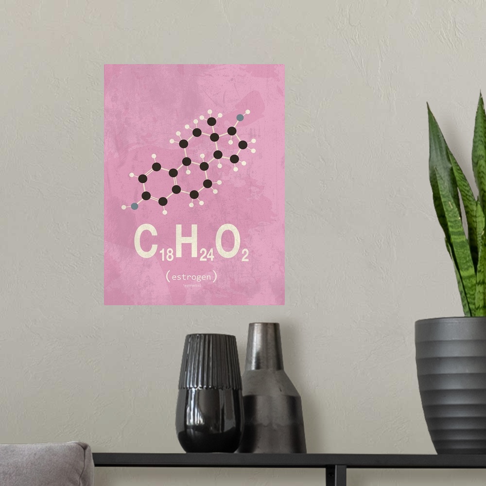 A modern room featuring Graphic illustration of the chemical formula for Estrogene.