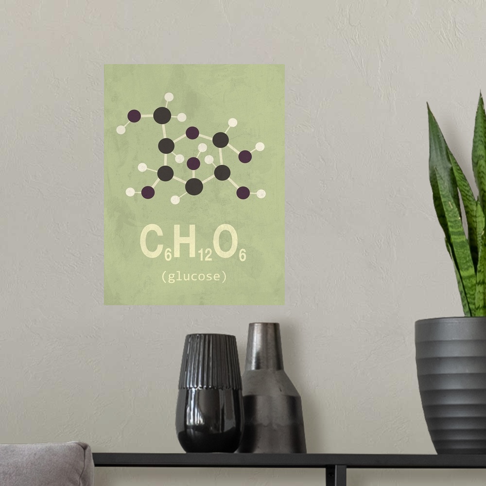 A modern room featuring Graphic illustration of the chemical formula for Glucose.