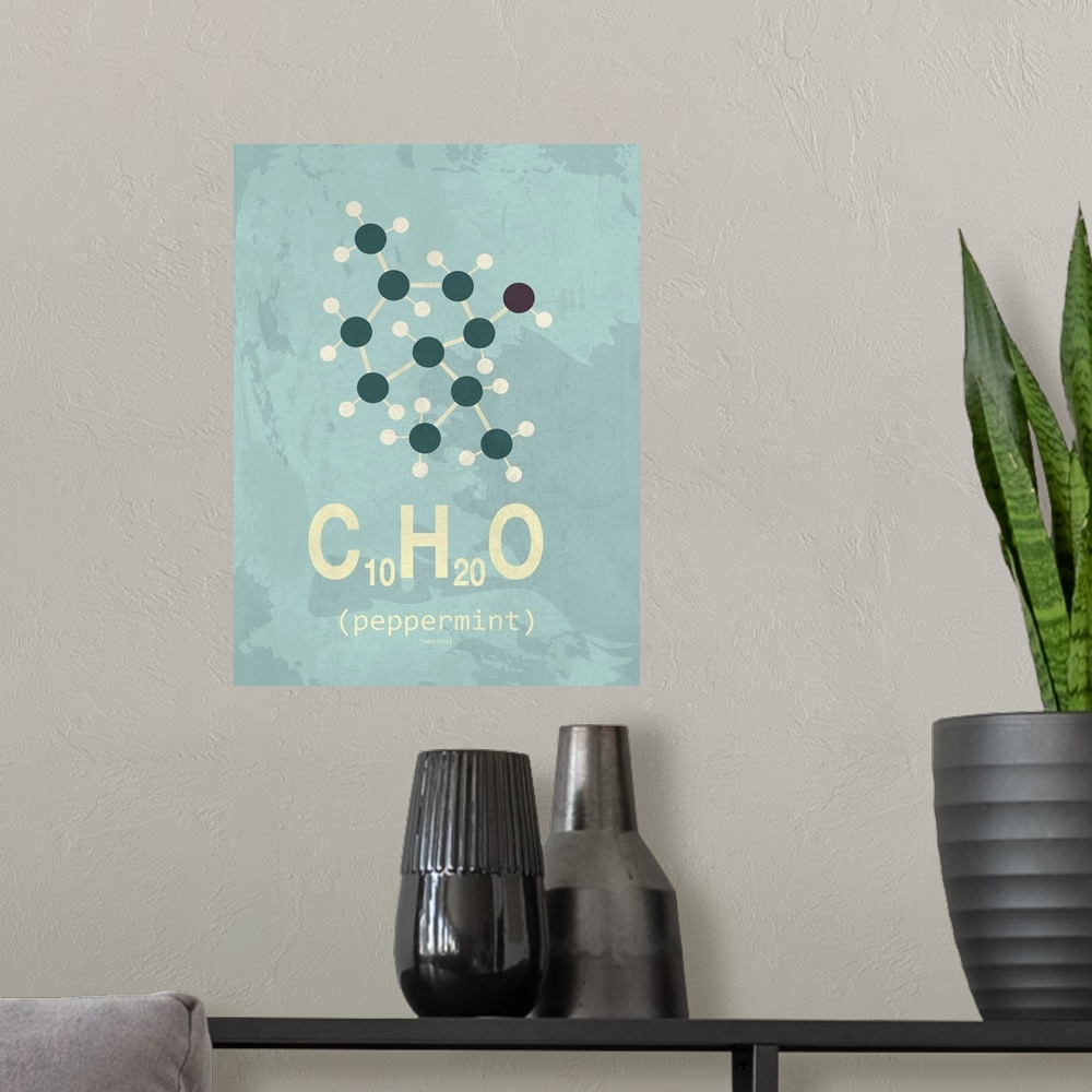 A modern room featuring Graphic illustration of the chemical formula for Peppermint.