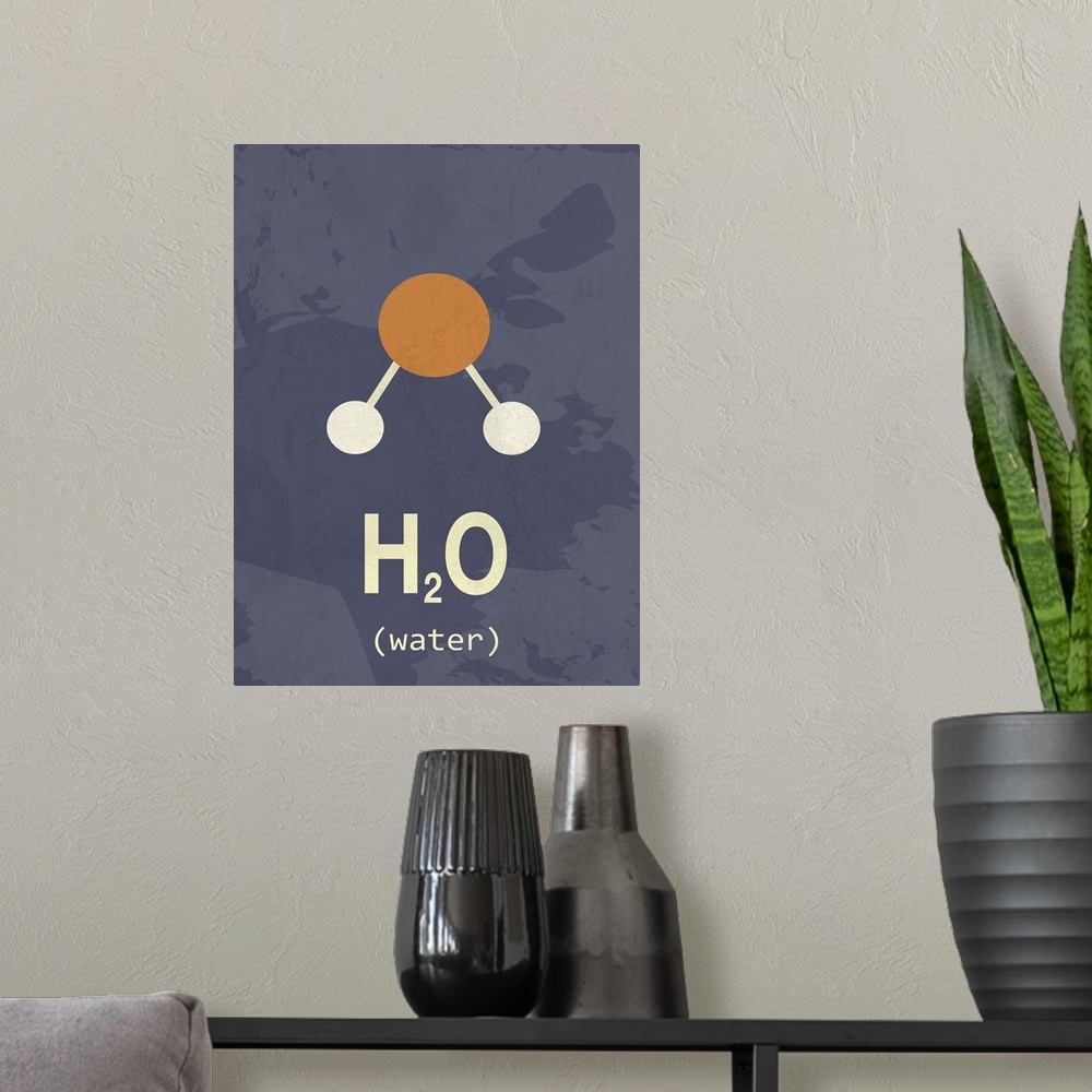 A modern room featuring Graphic illustration of the chemical formula for Water.