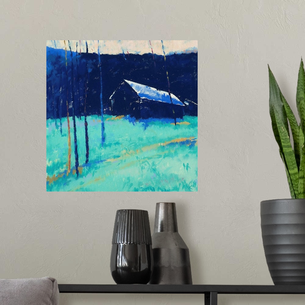 A modern room featuring Contemporary painting of a blue barn in a turquoise field.