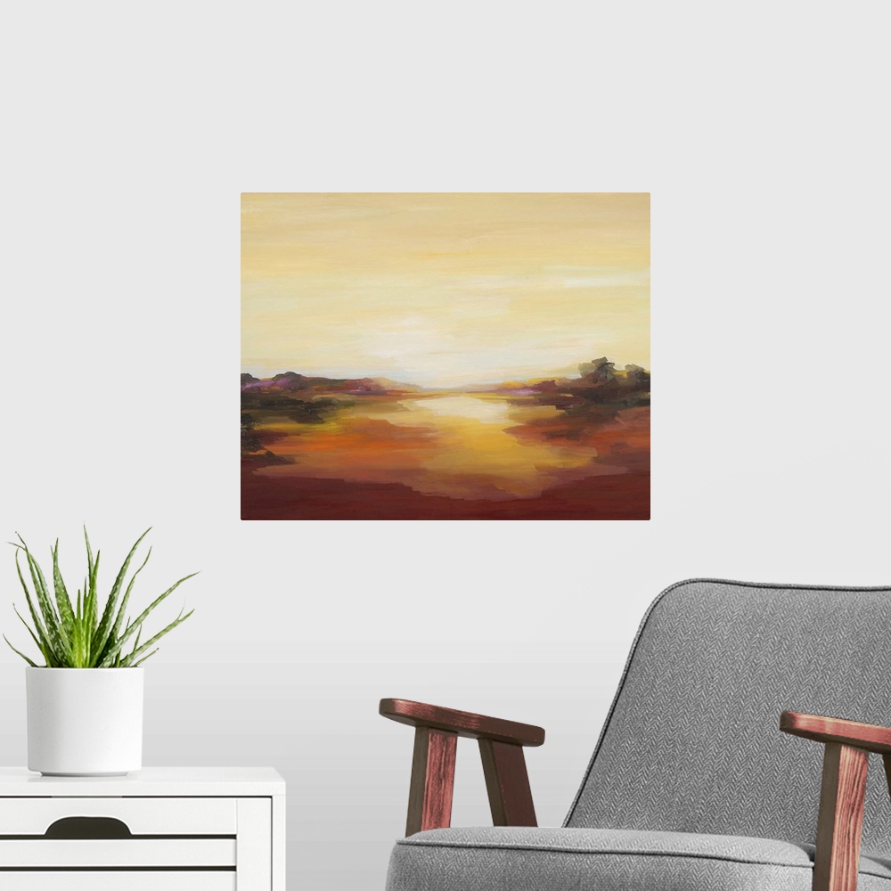 A modern room featuring A contemporary abstract painting of a red landscape under a pale yellow sky.