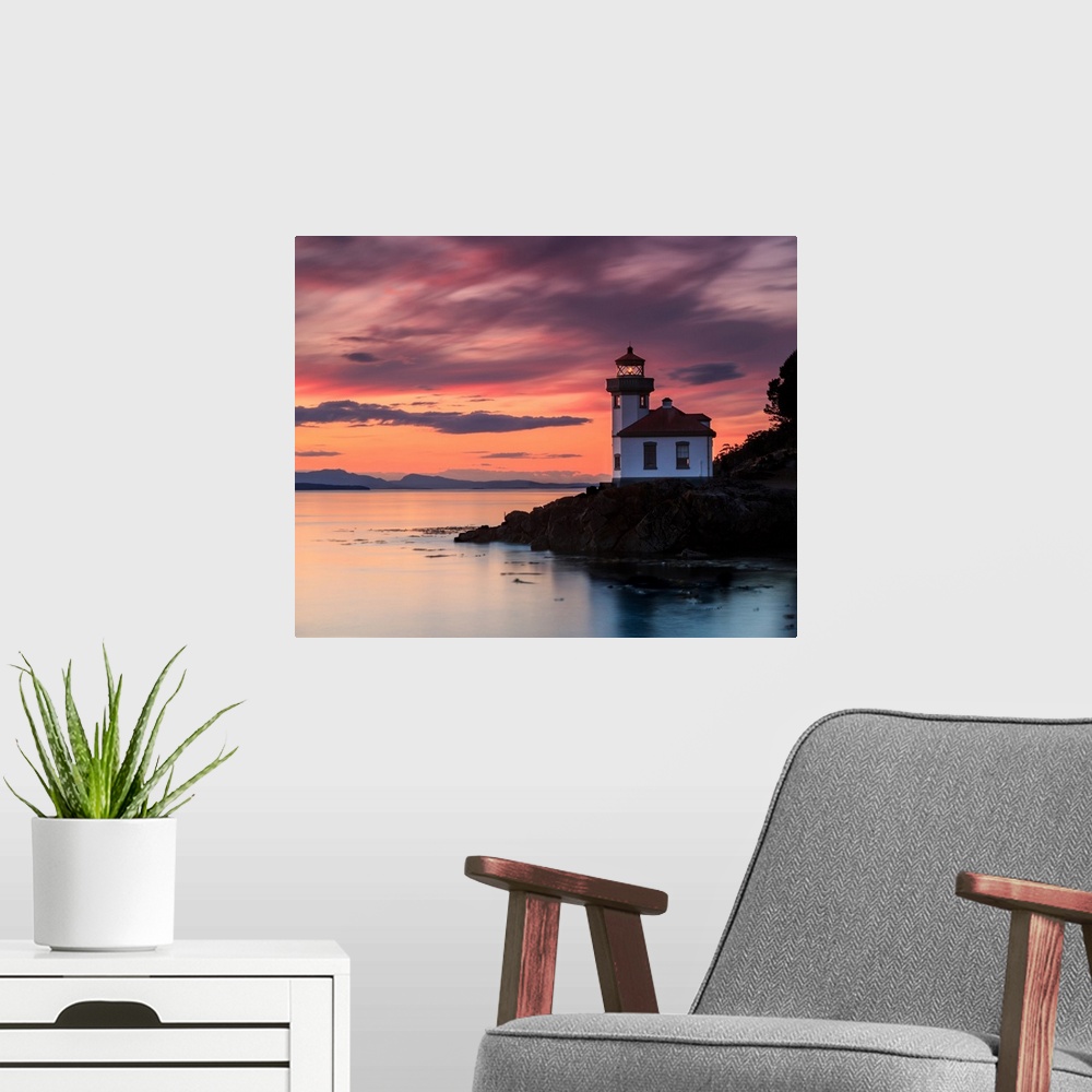 A modern room featuring Orange Sunset at Lime Kiln Lighthouse