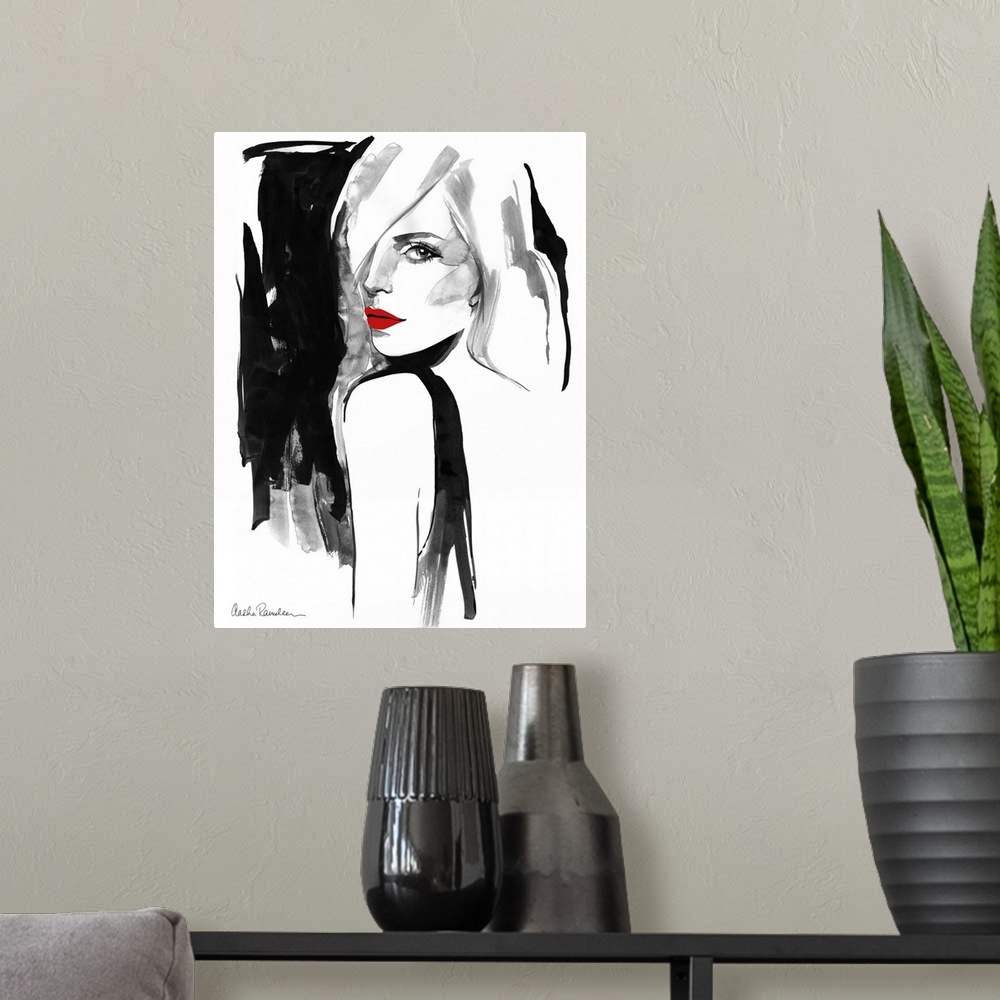 A modern room featuring Contemporary fashion artwork of a woman wearing bright red lipstick looking over her shoulder.