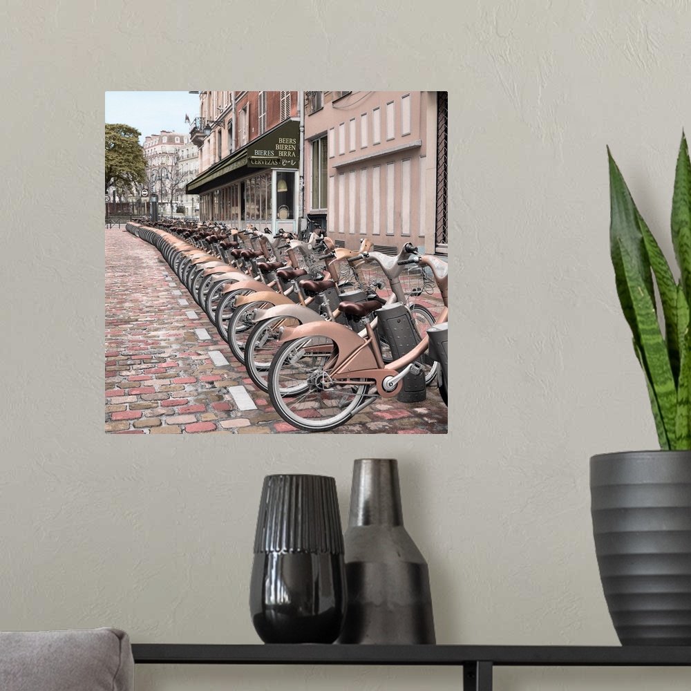 A modern room featuring Square image of a row of rental bicycles in Paris, France.