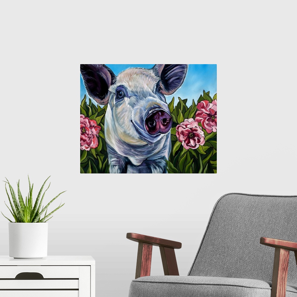 A modern room featuring Pigs and Peonies