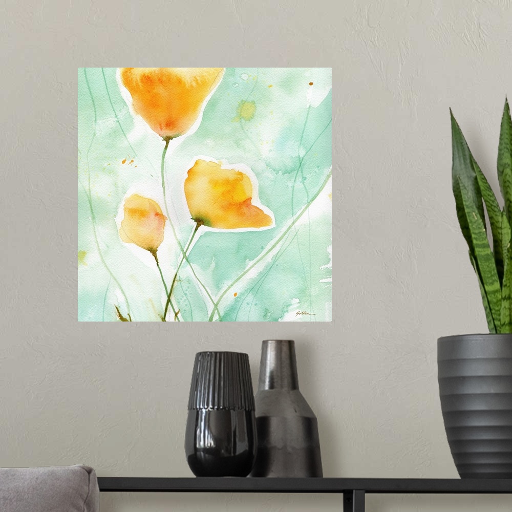 A modern room featuring Contemporary watercolor painting of yellow poppies on a light blue background.