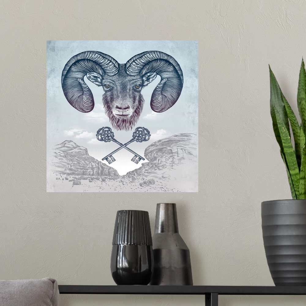A modern room featuring A digital illustration of a ram in the sky above red rock mountains and a pair of keys.