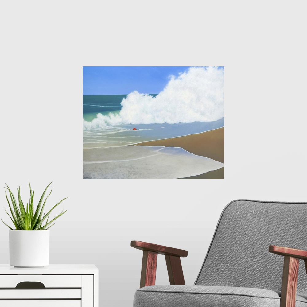 A modern room featuring Contemporary painting of an idyllic beach scene, with a red pail becoming lost amid the waves of ...