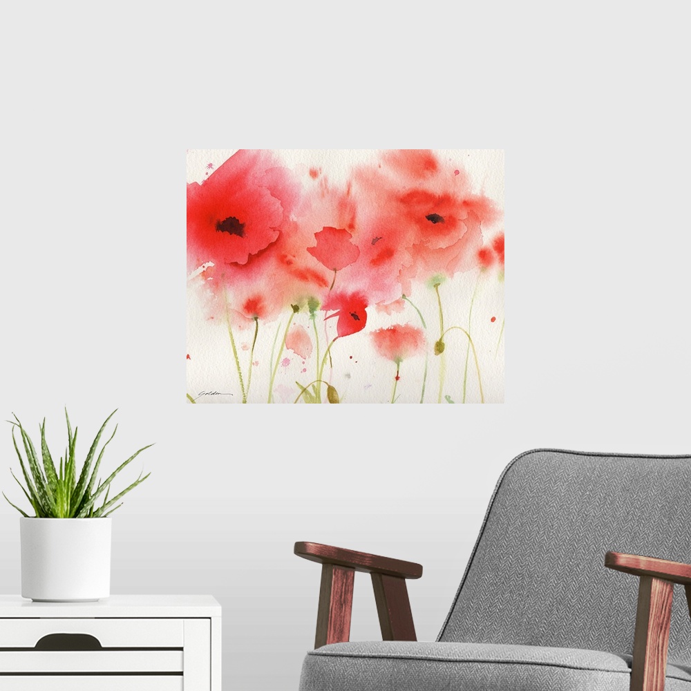 A modern room featuring A horizontal watercolor painting of red poppies.